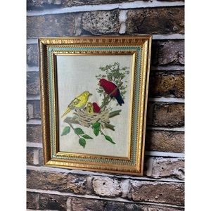 Vintage Birds Crewel Embroidery wall hanging